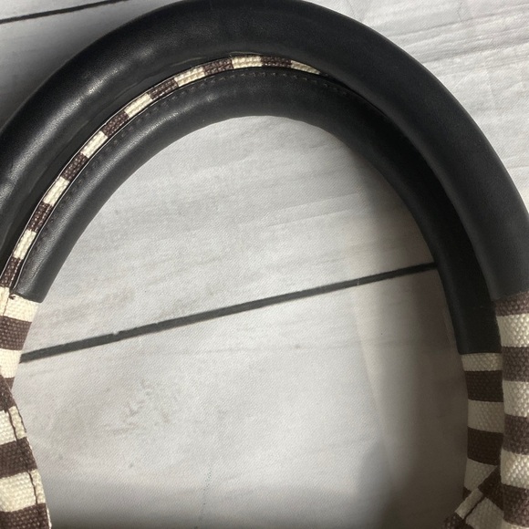 Henri Bendel Striped Canvas Tote Bag Brown White Signature Large - Picture 14 of 15